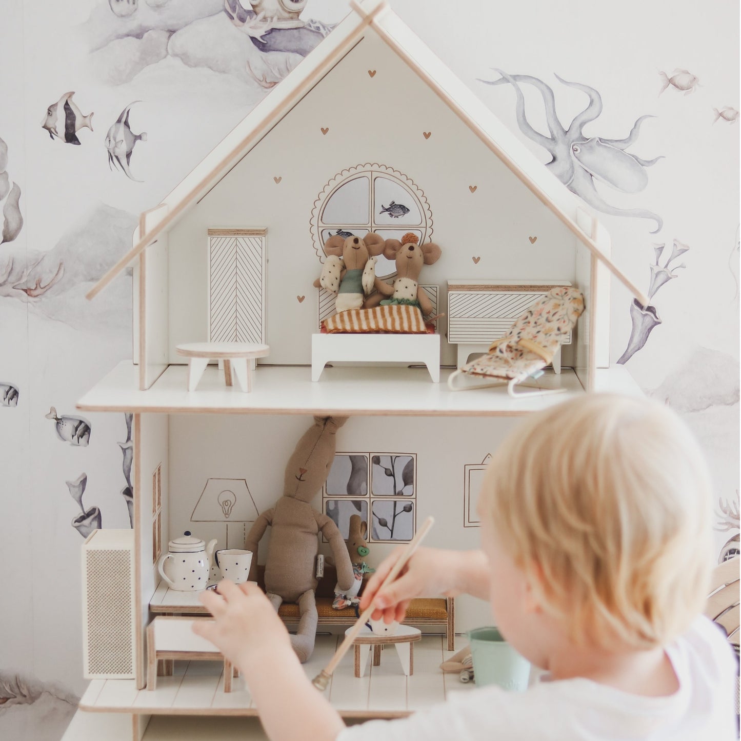 Wooden Dollhouse with Furniture